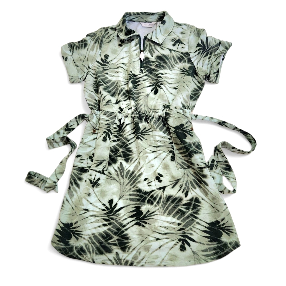 Sport Savvy Womens M Petite Mini Collared Dress Green Tie Dye Tropical Belted